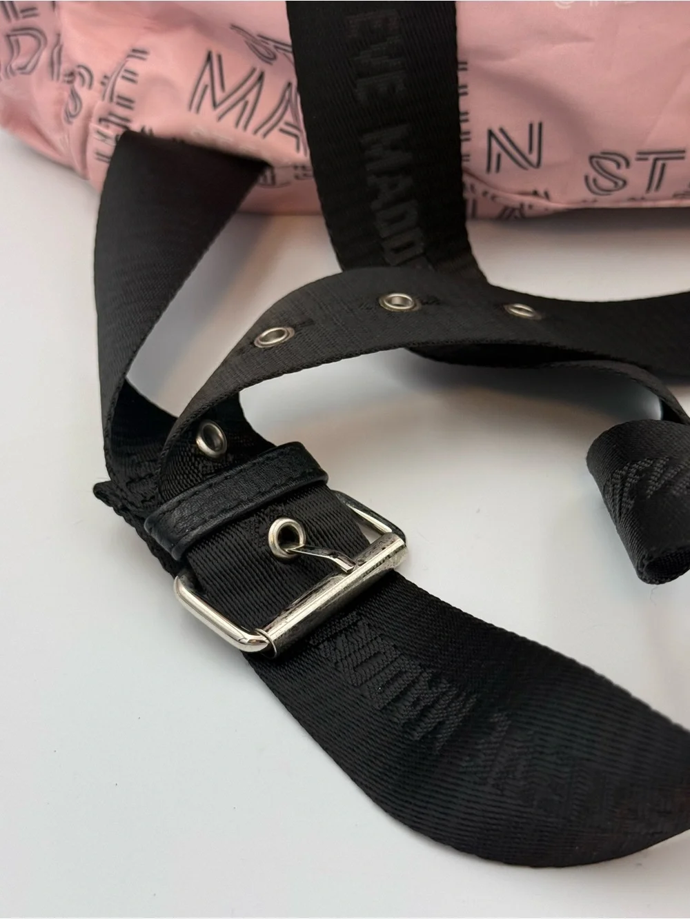 Steve Madden Pink Nylon Mini Backpack All Over Logo Spellout Drawstring Flap